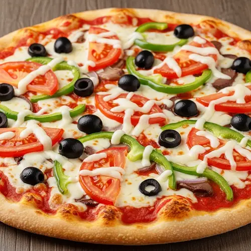 Delicious Pizza Loaded with Mozzarella, Tomatoes, Olives, and Bell Peppers