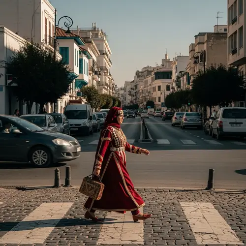 Tunisian Woman Crossing Urban Street | Cultural Fusion