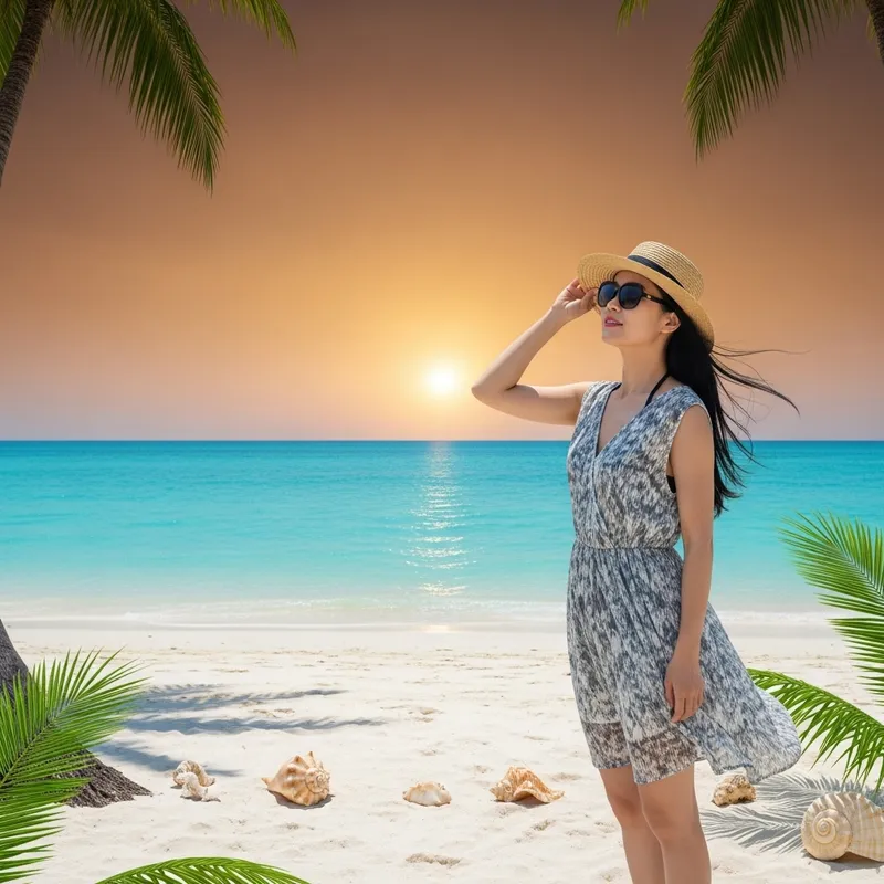 Asian Woman at Serene Beach with Sunset Scenery