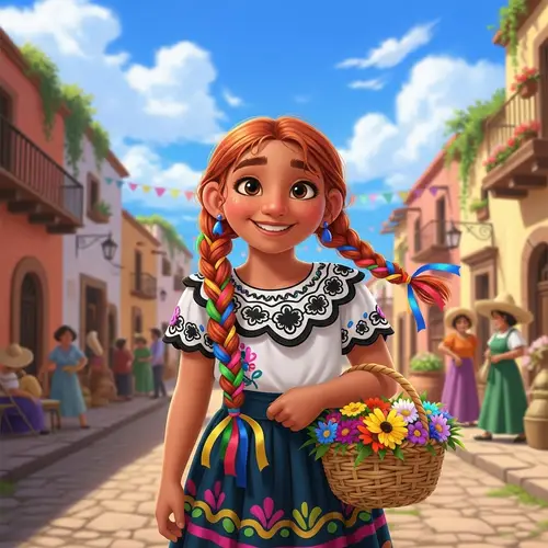 Mexican Girl with Tan Skin and Ginger Hair in Colorful Dress
