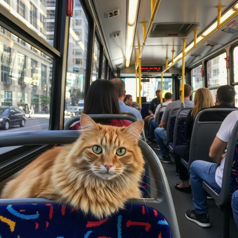 A Cat on a Bus - Serene Journey with Green Eyes