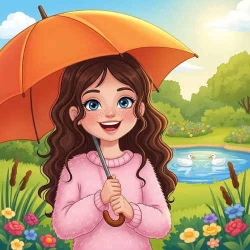 Cute Girl with Long Curly Brown Hair and Blue Eyes | Park Scene