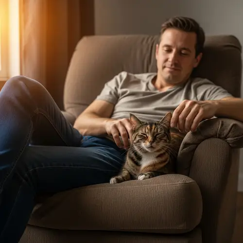 Tranquil Scene: Man Enjoying Peaceful Moment with Cat on Plush Armchair