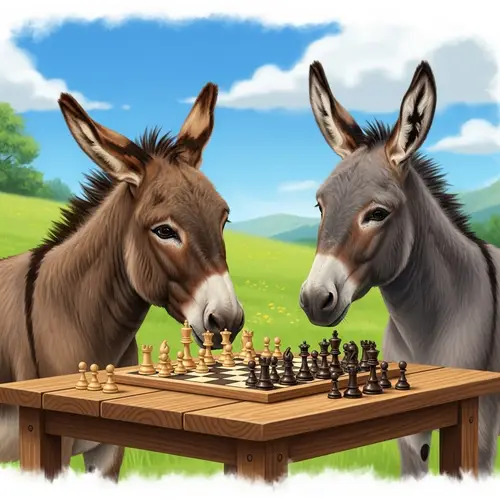 Scholarly Donkeys at Chess Table in Green Meadow