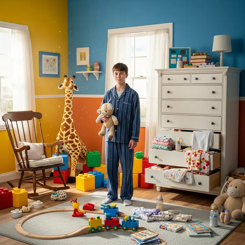 Bright Nursery Room with 14-Year-Old in Diaper Bright Nursery Room with 14-Year-Old in Diaper
