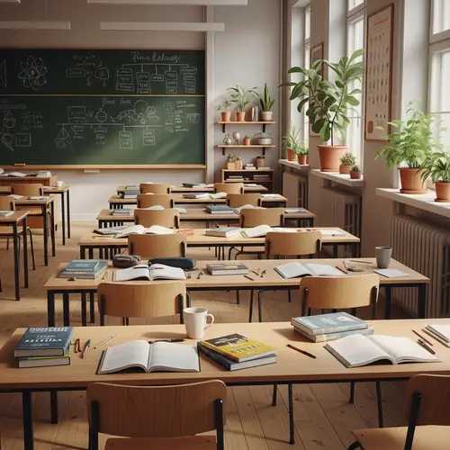 Illuminated Classroom Setup with Plants, Chalkboard, Chairs, and Tables