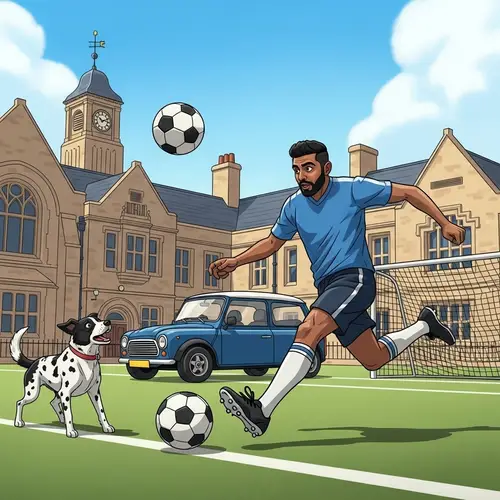 Dynamic Football Game with South Asian Man, Quirky British Car, and Energetic Dog