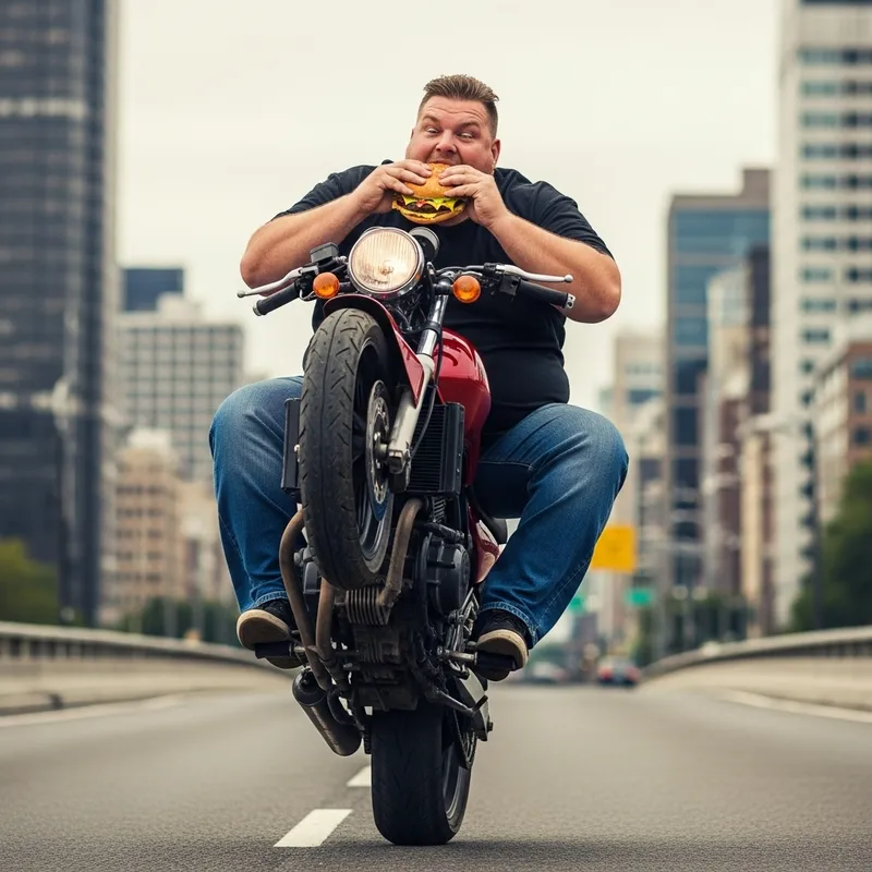 Overweight man performing motorcycle wheelie while eating a burger Overweight man performing motorcycle wheelie while eating a burger