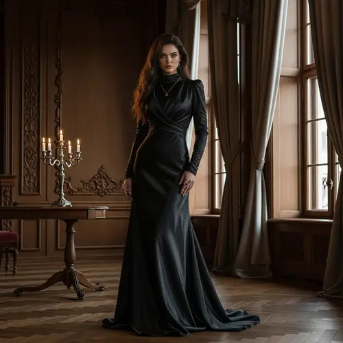 Seductive Goddess in Black Silk - Mysterious Elegance