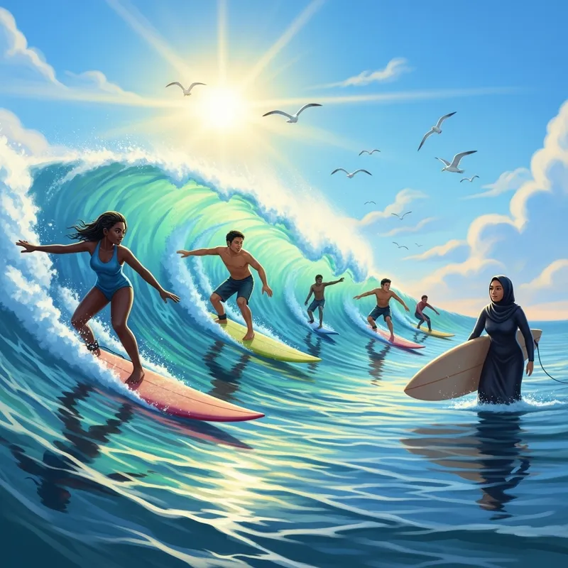 Vibrant Surfing Scene | Diverse Surfers Catching Colorful Waves