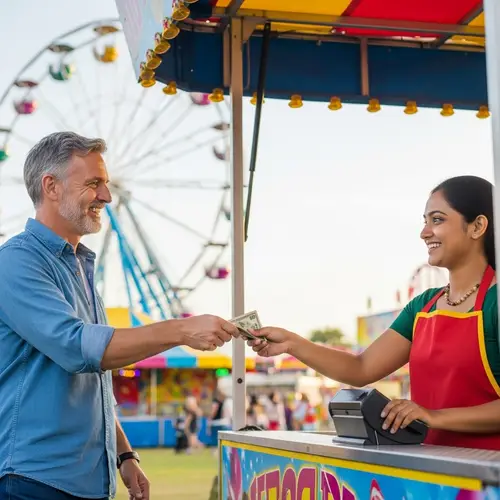 Exciting Outdoor Carnival: Fun Scene of Payment & Leisure