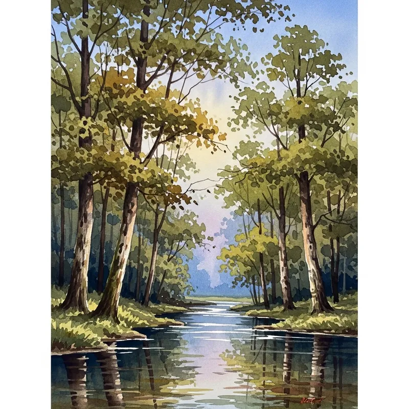 Tranquil Forest Watercolor Art | Peaceful Landscape Painting