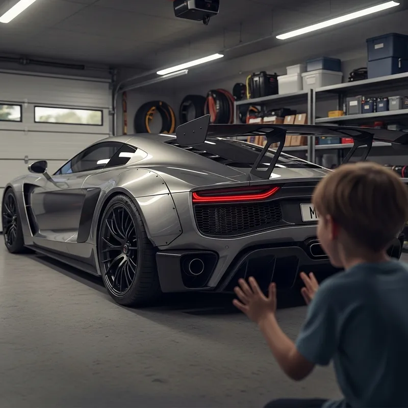 Child Admires Porsche Parked in Garage