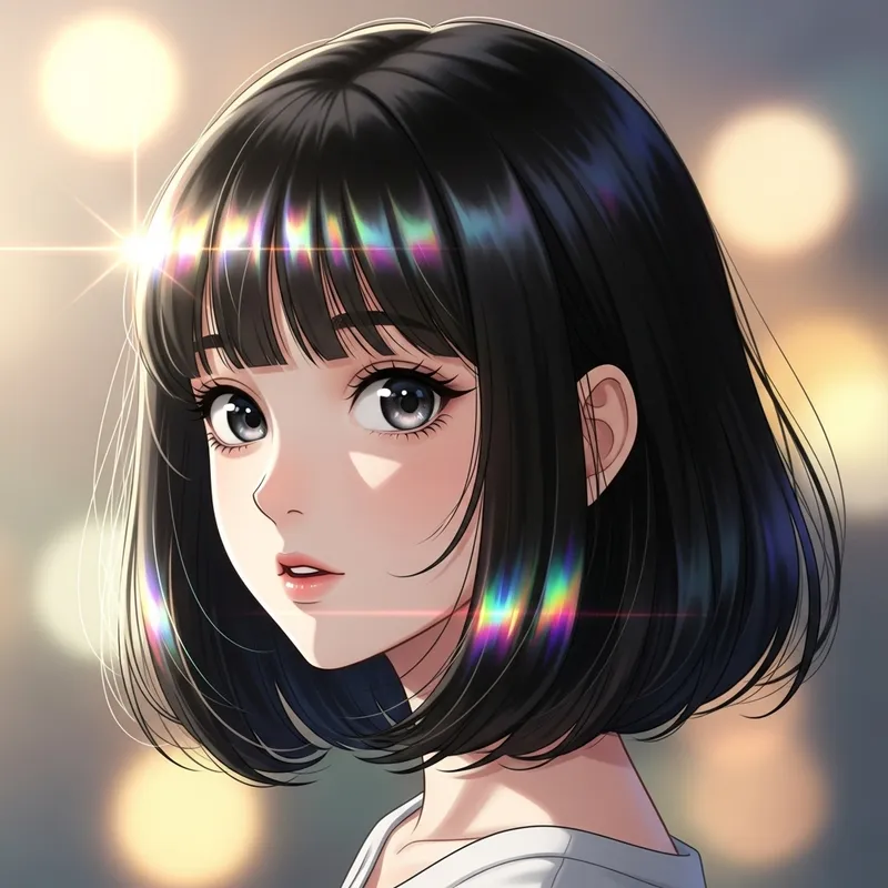Anime-Style Girl with Iridescent Bob Hairstyle