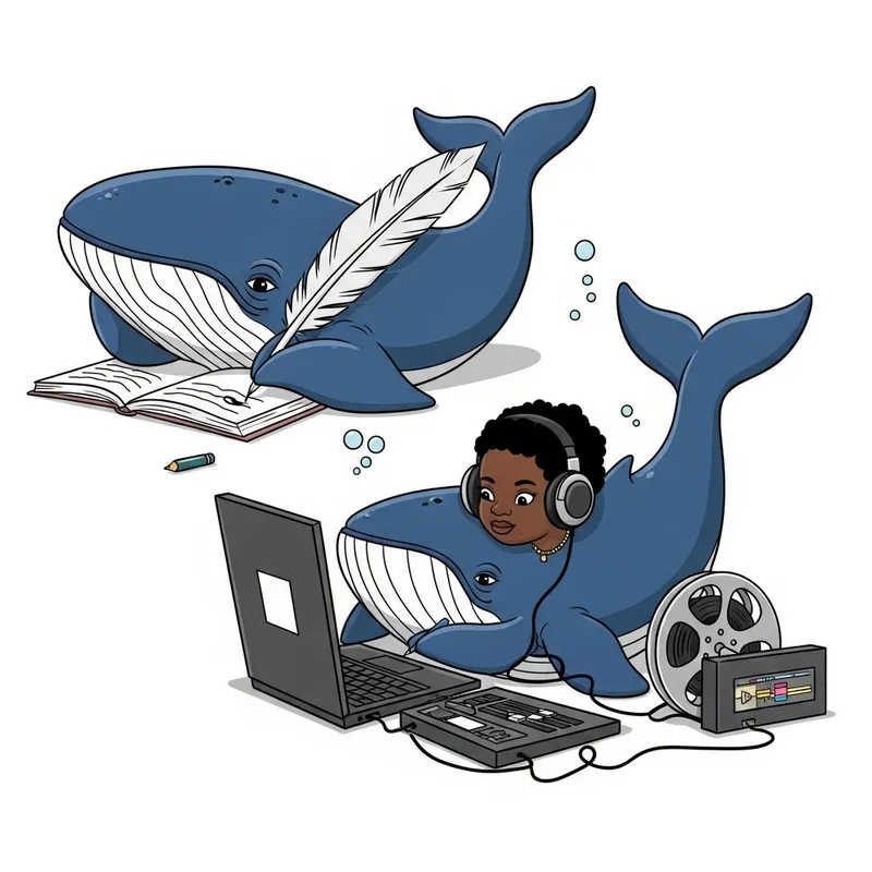 Blue Whales Engaged in Creative Tasks: Vector Illustration