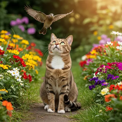 Adorable Short-Haired Cat in a Vibrant Garden