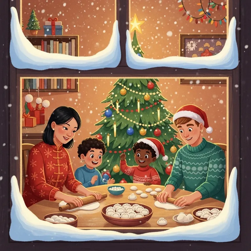 Family Making Dumplings in Snowy Christmas Scene