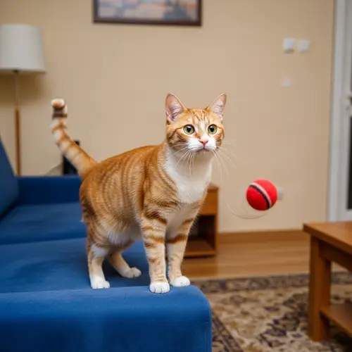 Playful Orange and White Cat on Blue Sofa