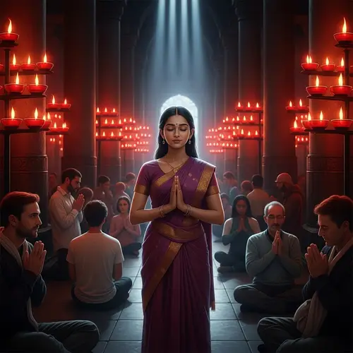 Serenity in South Asian Temple with Vibrant Lamps