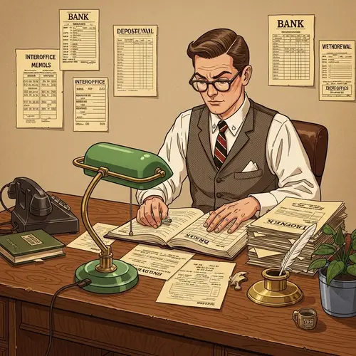 Vintage Business Assistant Sorting Bank Documents at Wooden Desk
