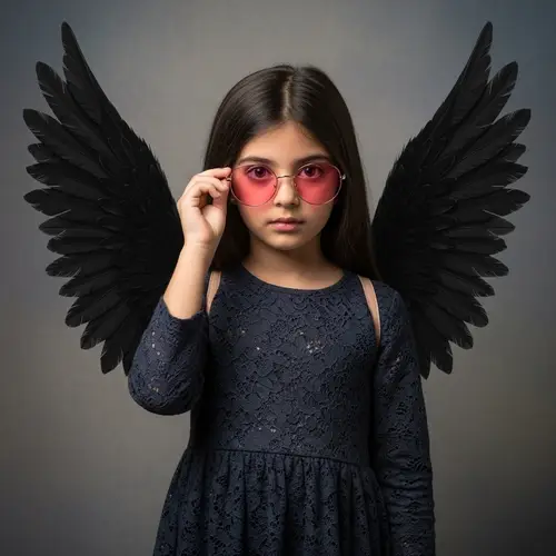 Enigmatic Girl with Black Wings Removing Pink Glasses