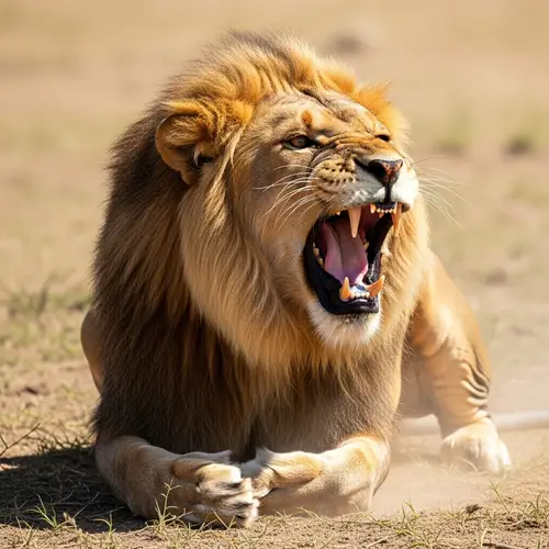 Majestic Male Lion Roaring in Savanna | Wildlife Photography
