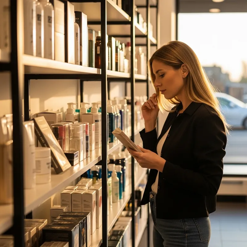 Blonde Woman Examining Merchandise in Modern Store Blonde Woman Examining Merchandise in Modern Store