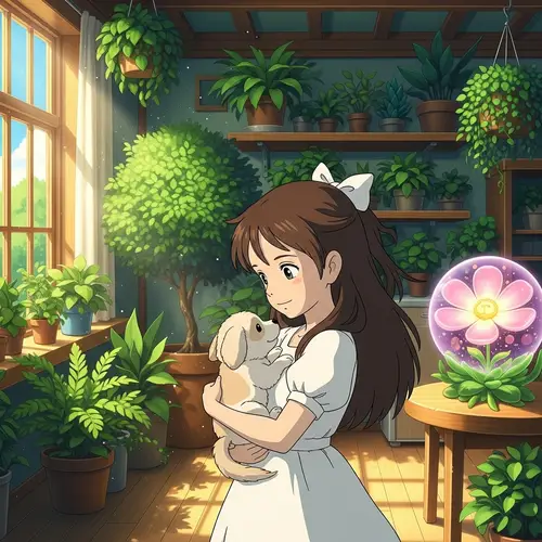 Fantastical Anime-Style Artwork of Girl with Brown Hair and Puppy