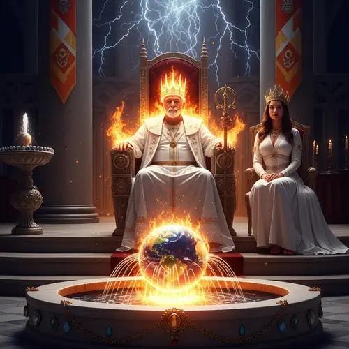 Fiery Grandeur in Divine City: Elderly Man and Beautiful Woman