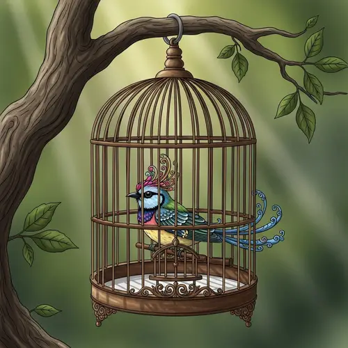 Colorful Bird in Antique Cage | Serene Captivity Scene