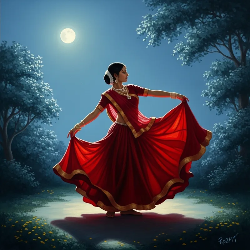 South Asian Woman and Invisible Man Dancing Under Serene Moonlight South Asian Woman and Invisible Man Dancing Under Serene Moonlight