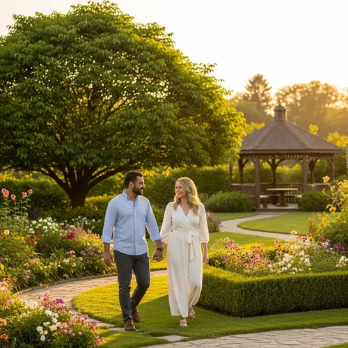 Tranquil Garden Walk with Diverse Couple | Peaceful Garden Scene