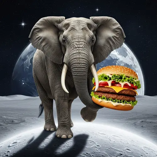 Delightful Elephant Balancing on Moon with Burger on Trunk