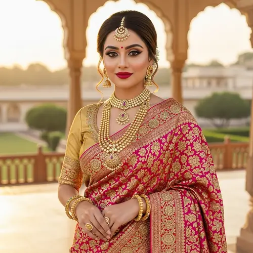 Professional Indian Model in Traditional Saree with Gold Jewelry