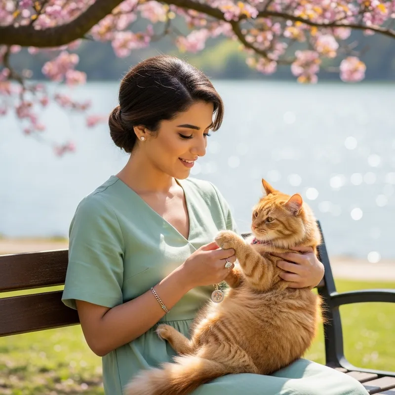 Beautiful Middle-Eastern Girl with Ginger Cat in Park Beautiful Middle-Eastern Girl with Ginger Cat in Park