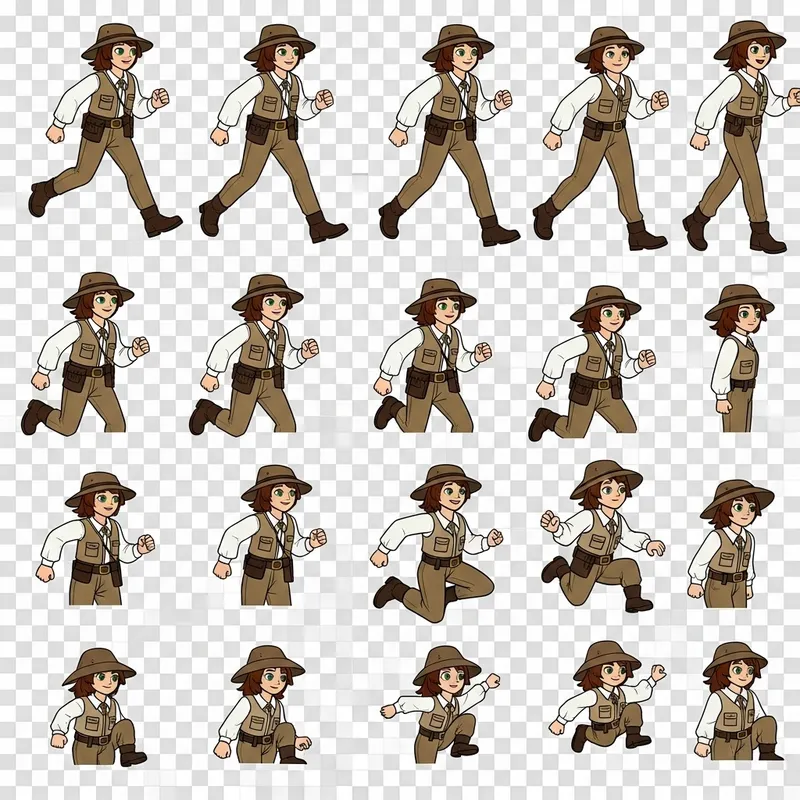 Character Sprite Sheet Animation: Run, Idle, Jump Poses - Vintage Explorer Character