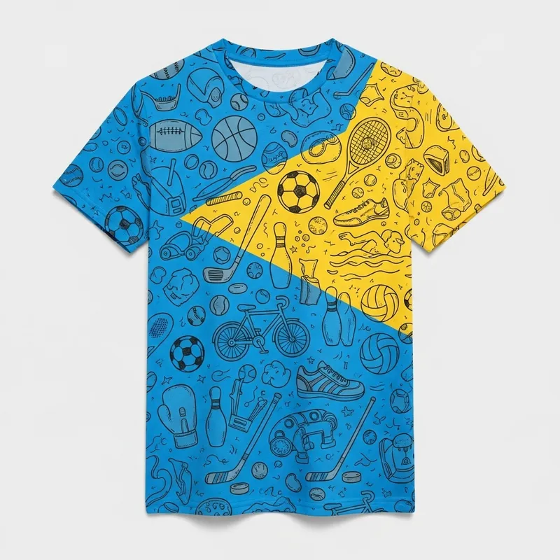 Blue and Yellow Sports Doodle T-shirt
