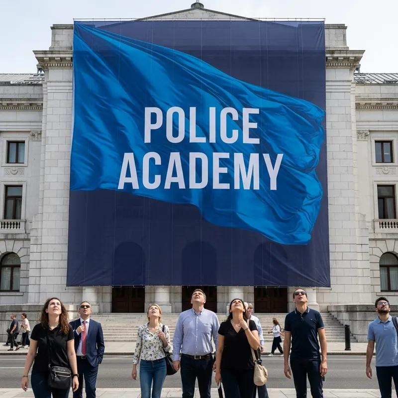 Police Academy Banner in Urban Setting | Crowd Observing