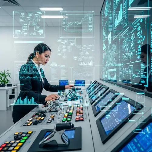 Young Hispanic Woman at Control Panel in Modern Office