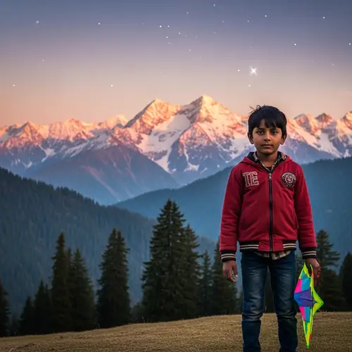 Young South Asian Boy with Kite in Majestic Mountain Sunset