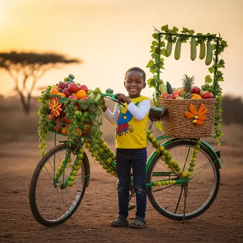 African Child with Bicycle Fruit Art | Vibrant African Scene