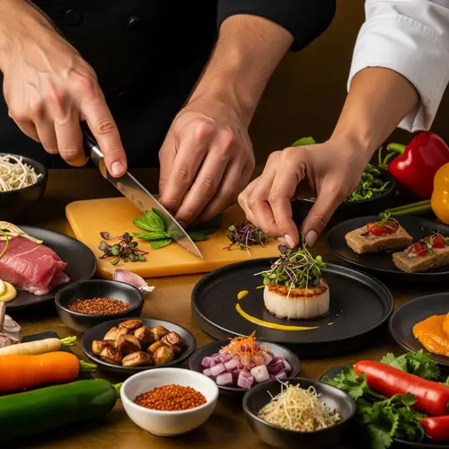 Assorted Food Preparation in Dark Gold Background