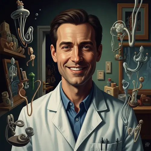 Surrealist Dentist: Enigmatic White Lab Coat Scene