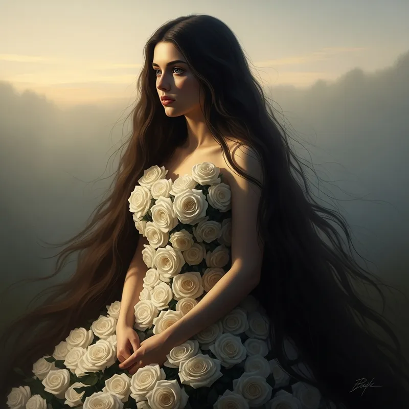 Contemplative Norwegian Woman in White Rose Dress at Sunset