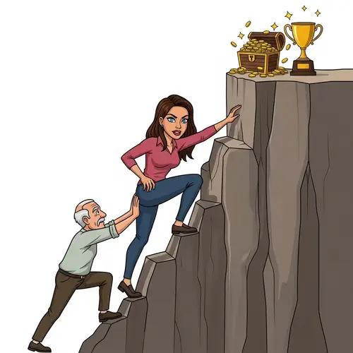 Hispanic Woman Climbing Cliff with Father's Support | Path to Success