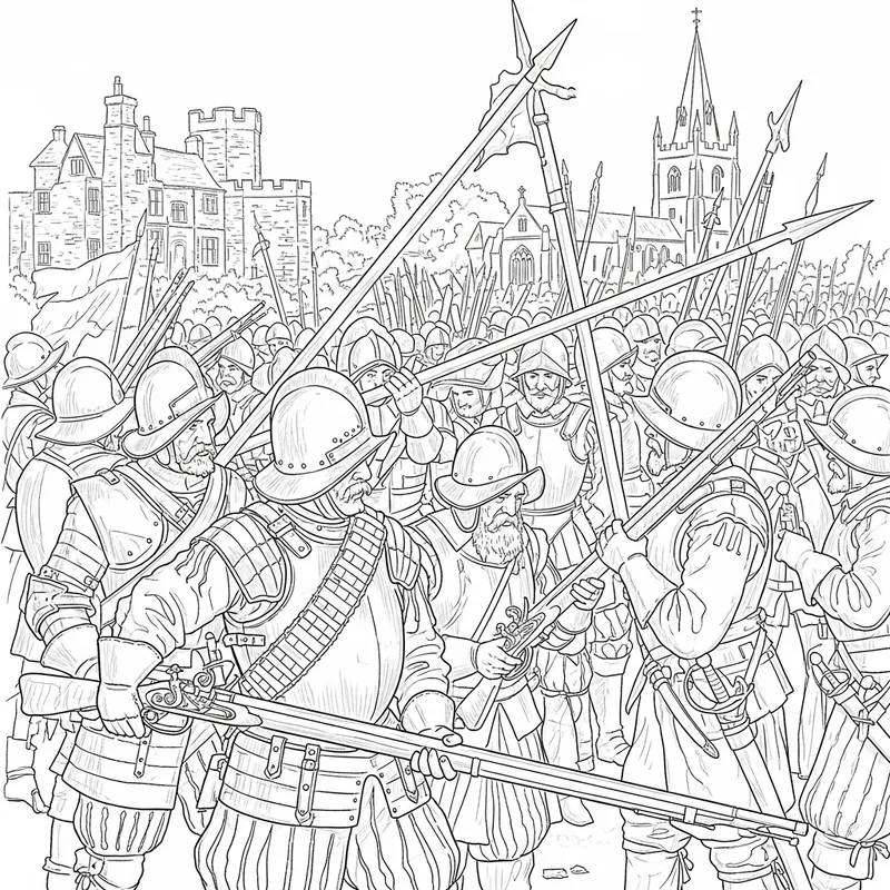 English Civil War Outline Drawing: Soldiers & Weapons