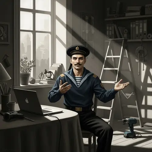 Vintage Style Russian Sailor Conducting Webinar with Chiaroscuro Lighting