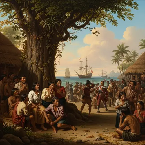Historical Oil Painting: Spanish Colonization in the Philippines