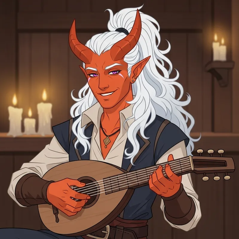 Fantasy Tiefling Rogue Playing Lute in Dimly Lit Tavern