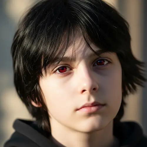 Piercing Dark Red Eyes: Uniquely Pale Boy Portrait